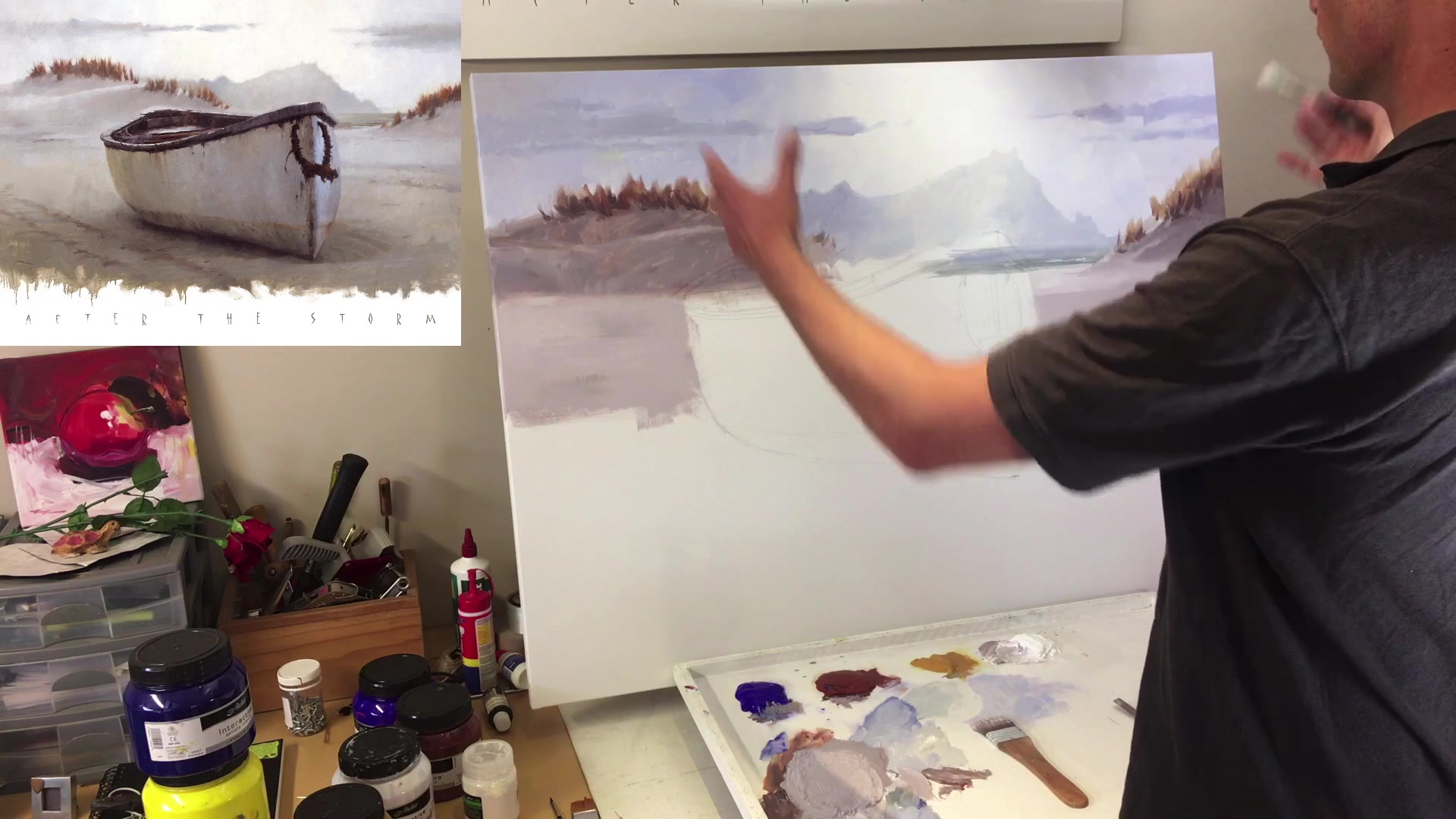 Step 28 — Sand texture and dribbles (video frame from the lesson)
