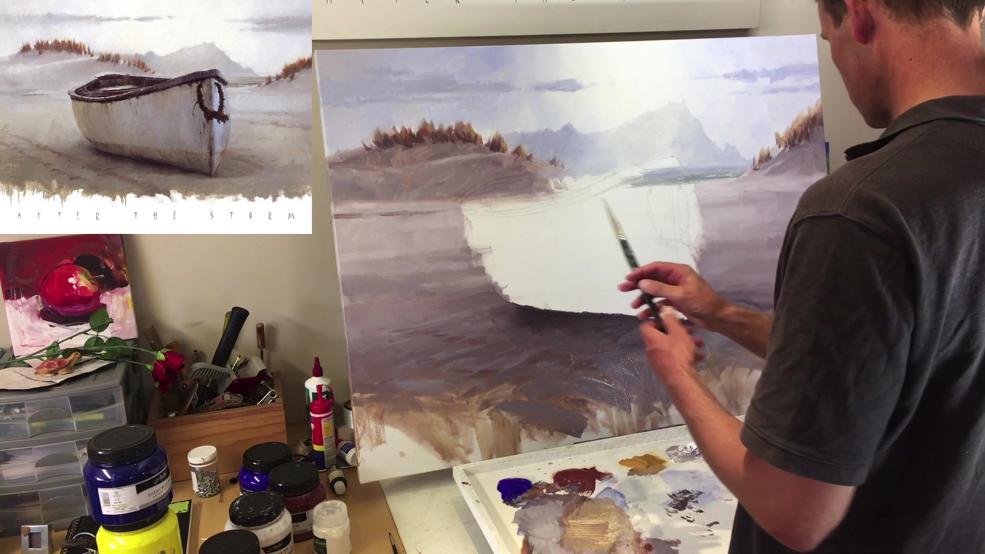 Step 32 — Boat painting and impasto technique (video frame from the lesson)