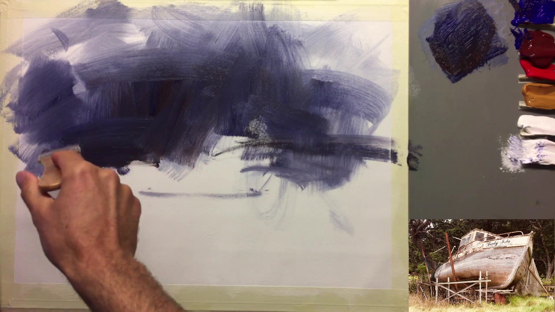 Step 5 — Painting the shadow and grass (video frame from the lesson)