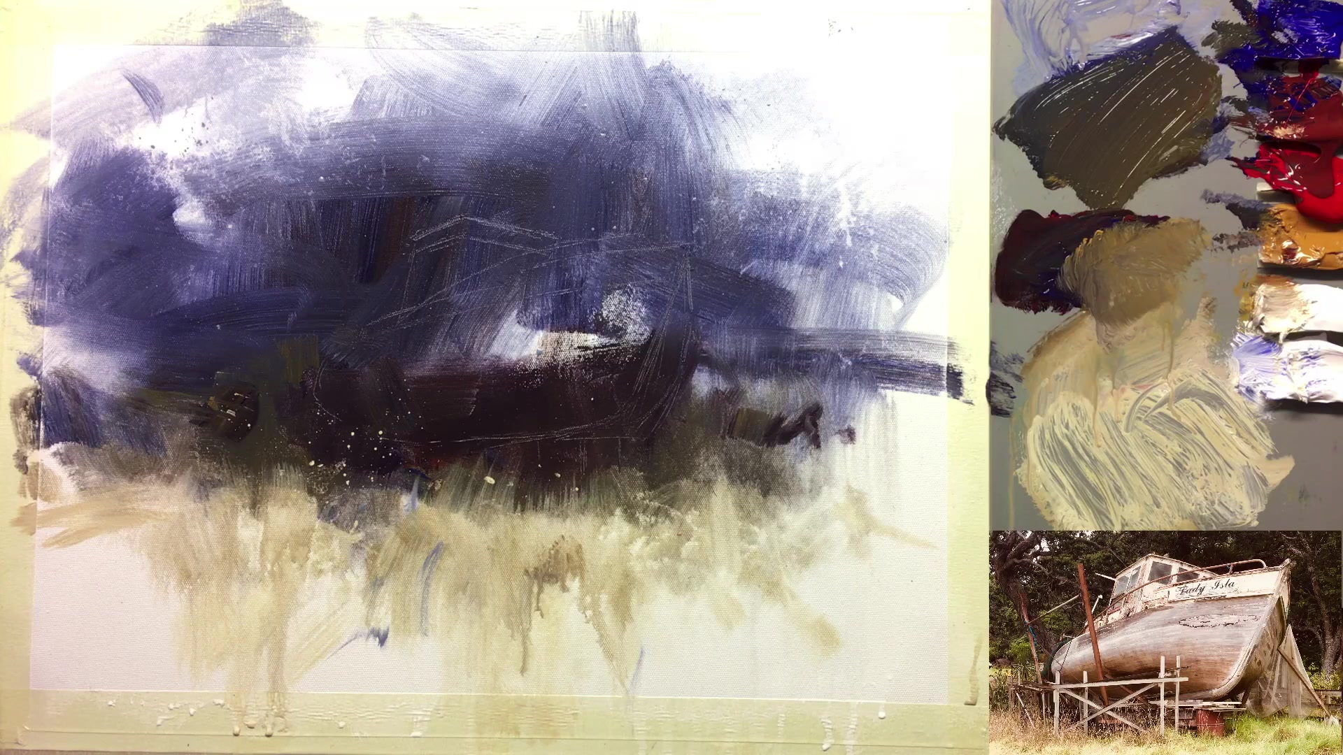 Step 12 — Painting the boat's base colors (video frame from the lesson)