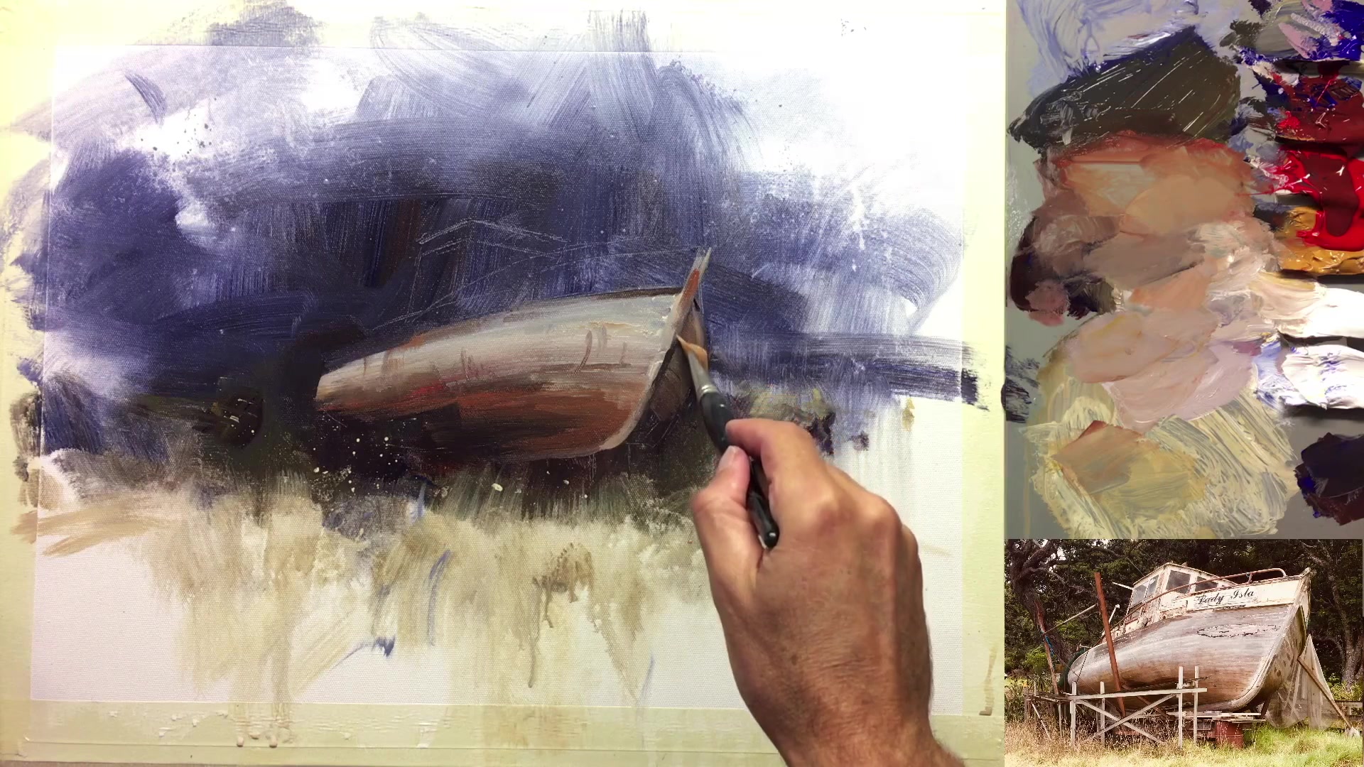 Step 15 — Painting the cabin and windows (video frame from the lesson)