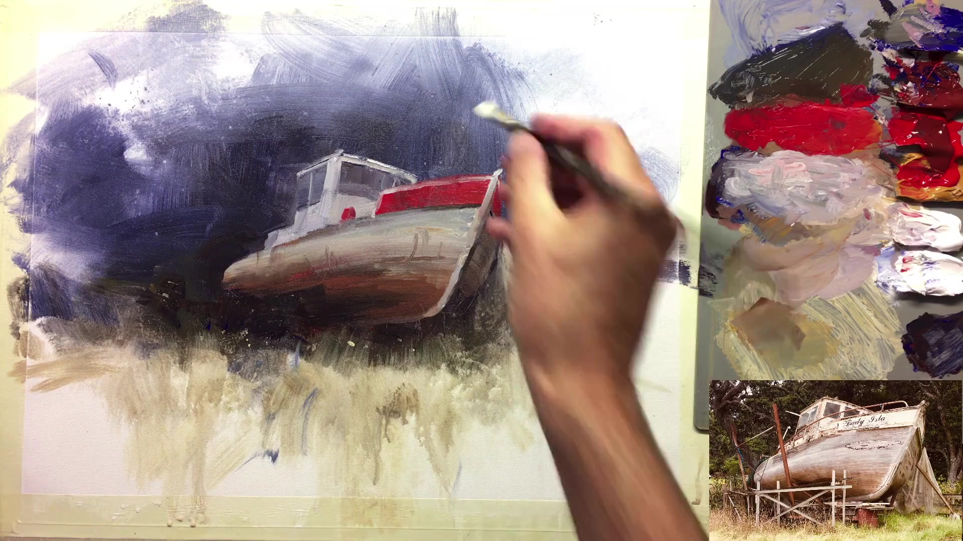 Step 18 — Using a mahl stick for detail (video frame from the lesson)