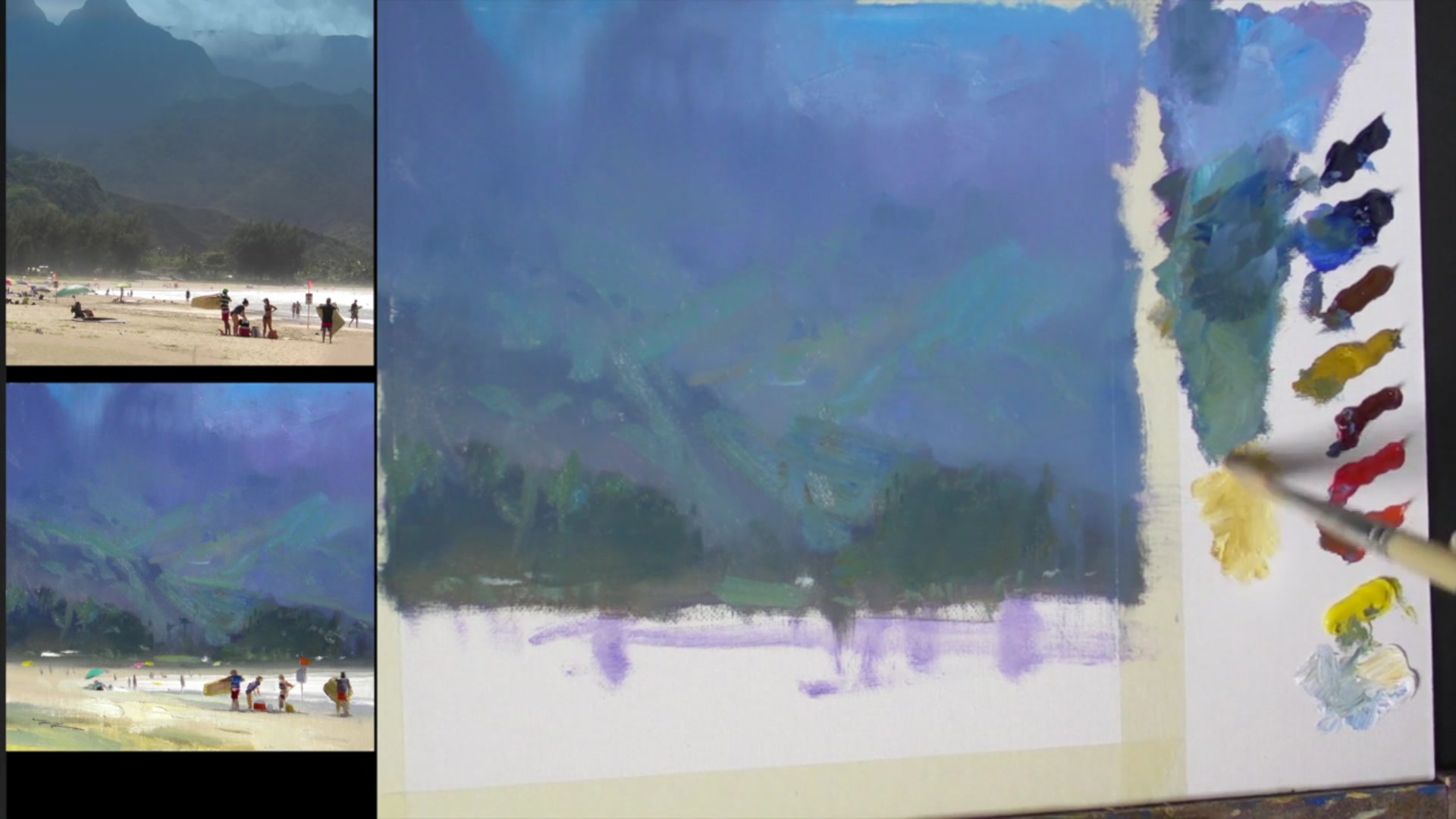 Step 10 — Painting the Beach and Water (video frame from the lesson)