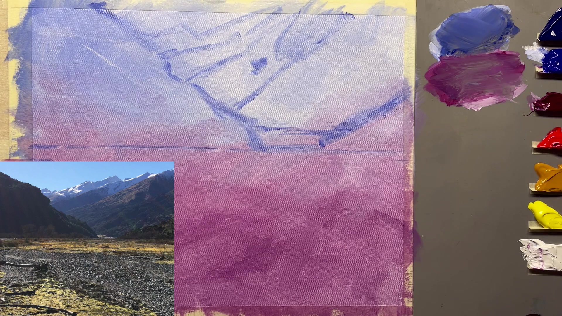 Step 8 — Painting the sky and distant mountains (video frame from the lesson)