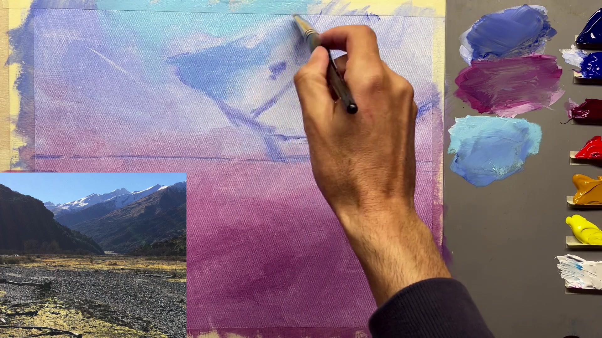 Step 9 — Adding color to distant trees (video frame from the lesson)