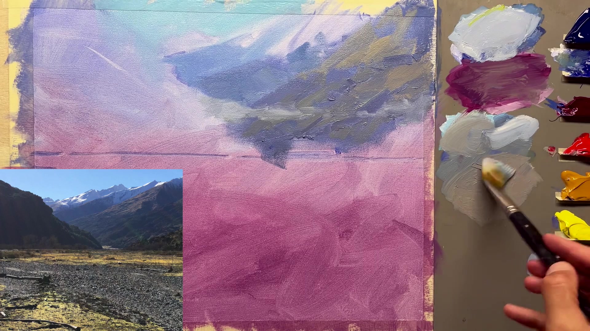 Step 15 — Detailing mountain shadows (video frame from the lesson)