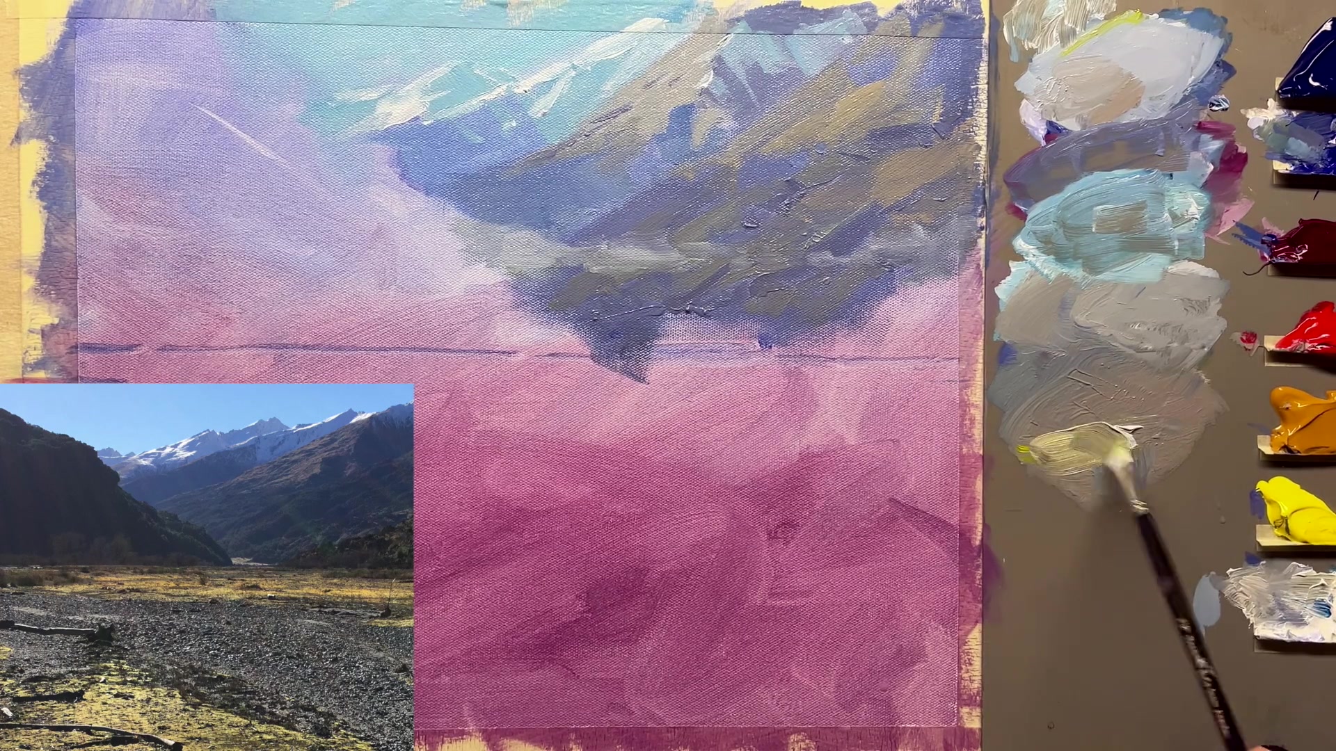 Step 19 — Painting the green field (video frame from the lesson)