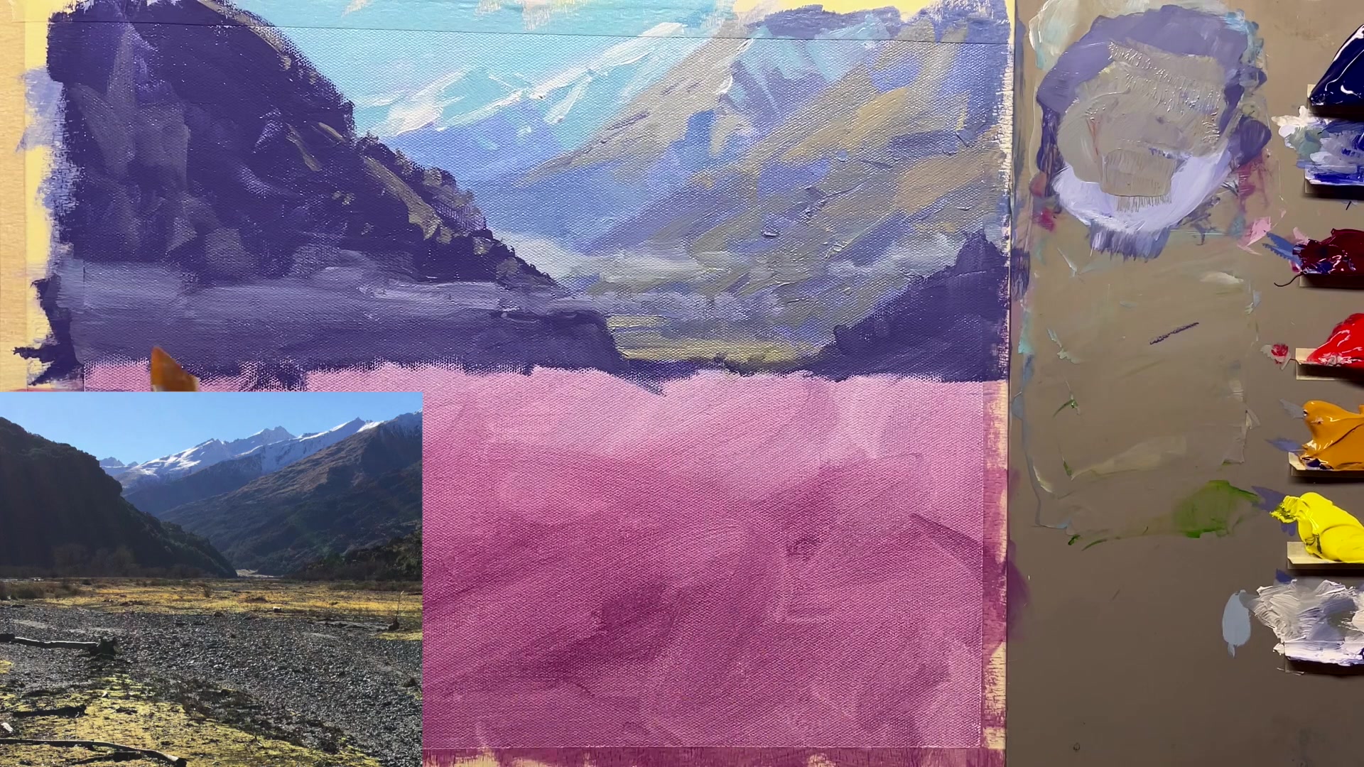 Step 26 — Foreground trees and color choices (video frame from the lesson)