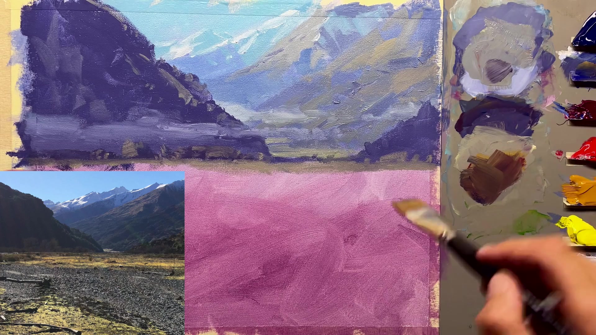 Step 32 — Mixing subdued yellows (video frame from the lesson)