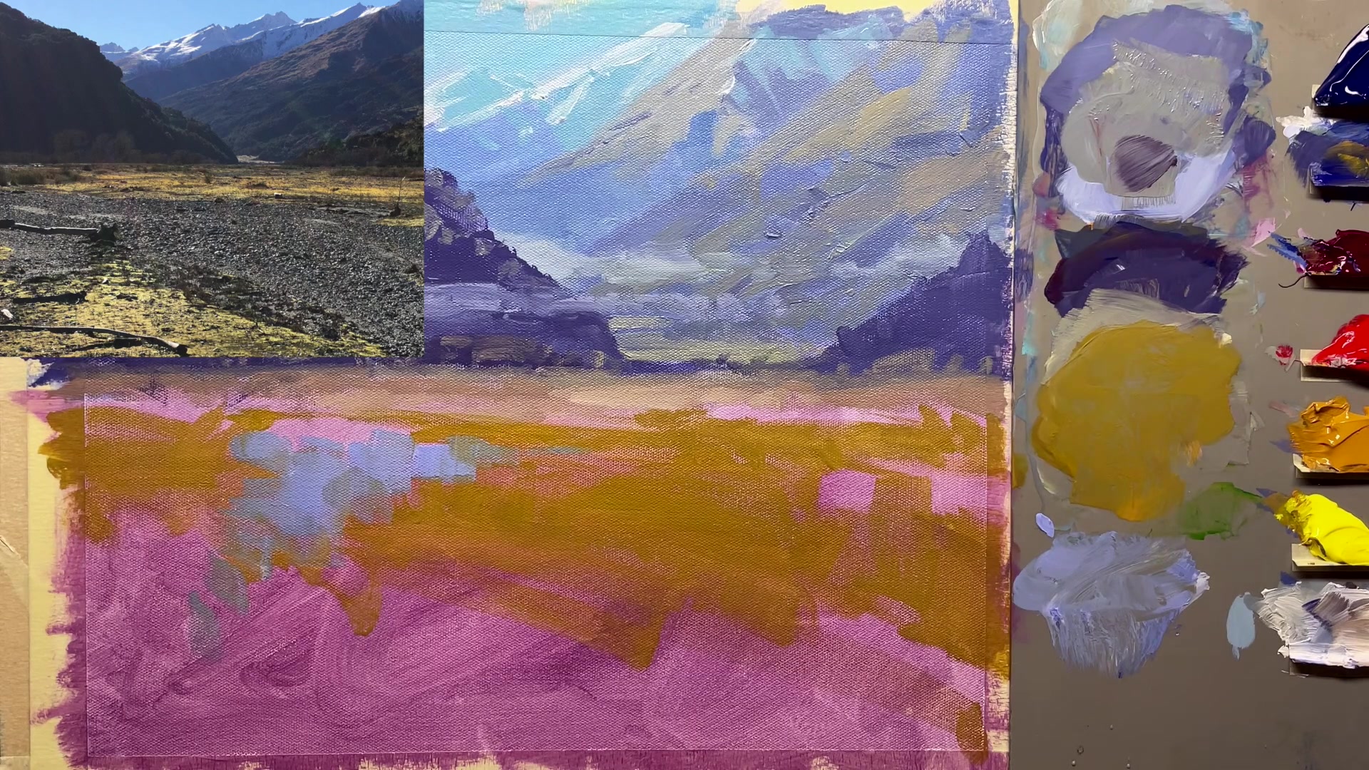 Step 35 — Foreground grass and shadow (video frame from the lesson)