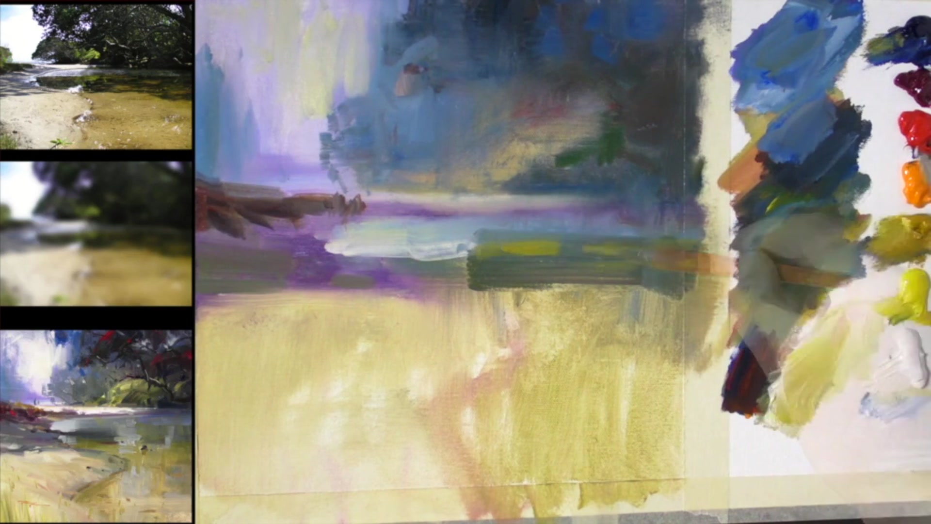 Step 10 — Sky Reflections and Hillside (video frame from the lesson)