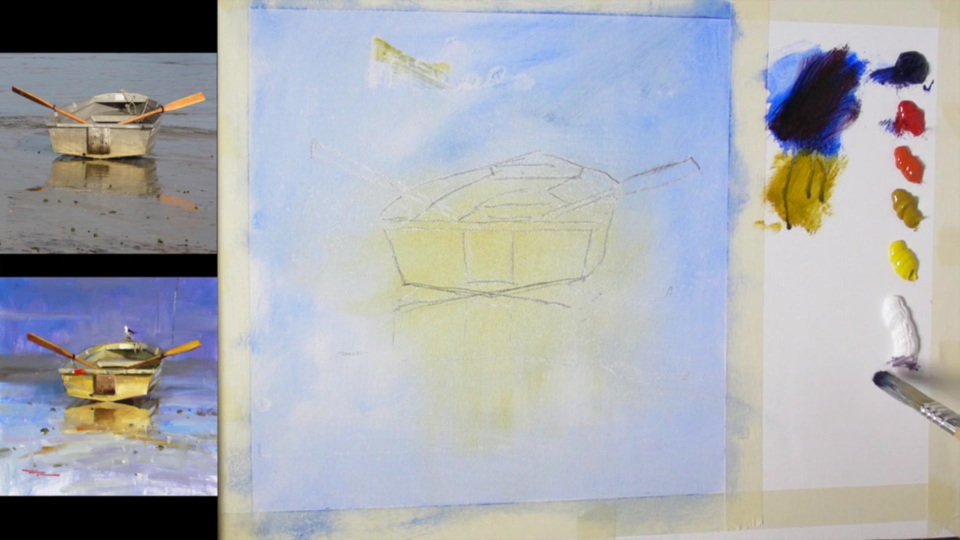 Step 2 — Painting the Background (video frame from the lesson)