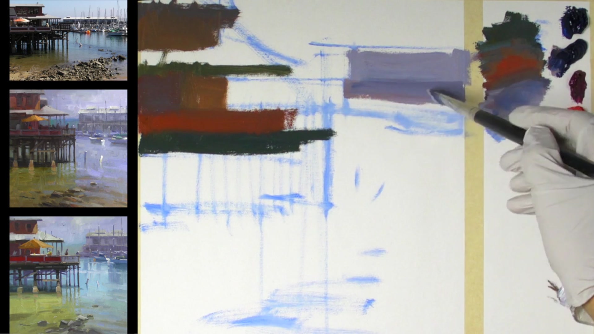 Step 10 — Painting Distant Buildings (video frame from the lesson)