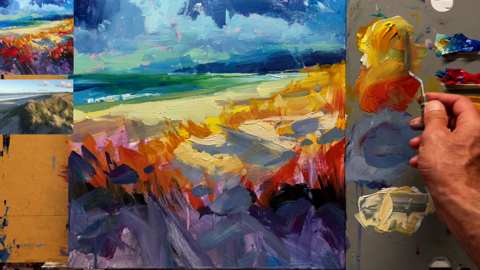 Step 13 — Color contrasts and random marks (video frame from the lesson)