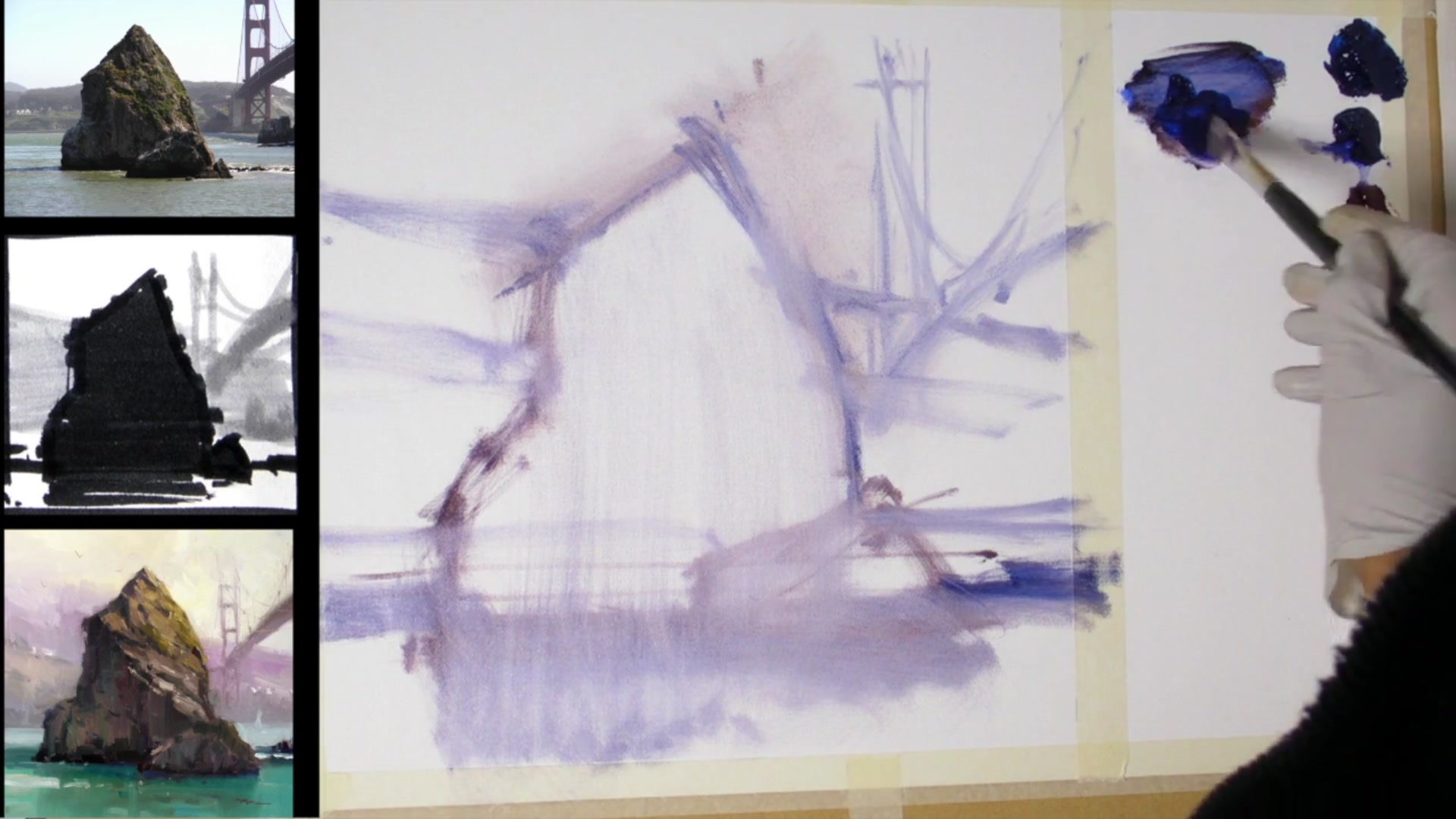 Step 2 — Painting the darkest darks (video frame from the lesson)