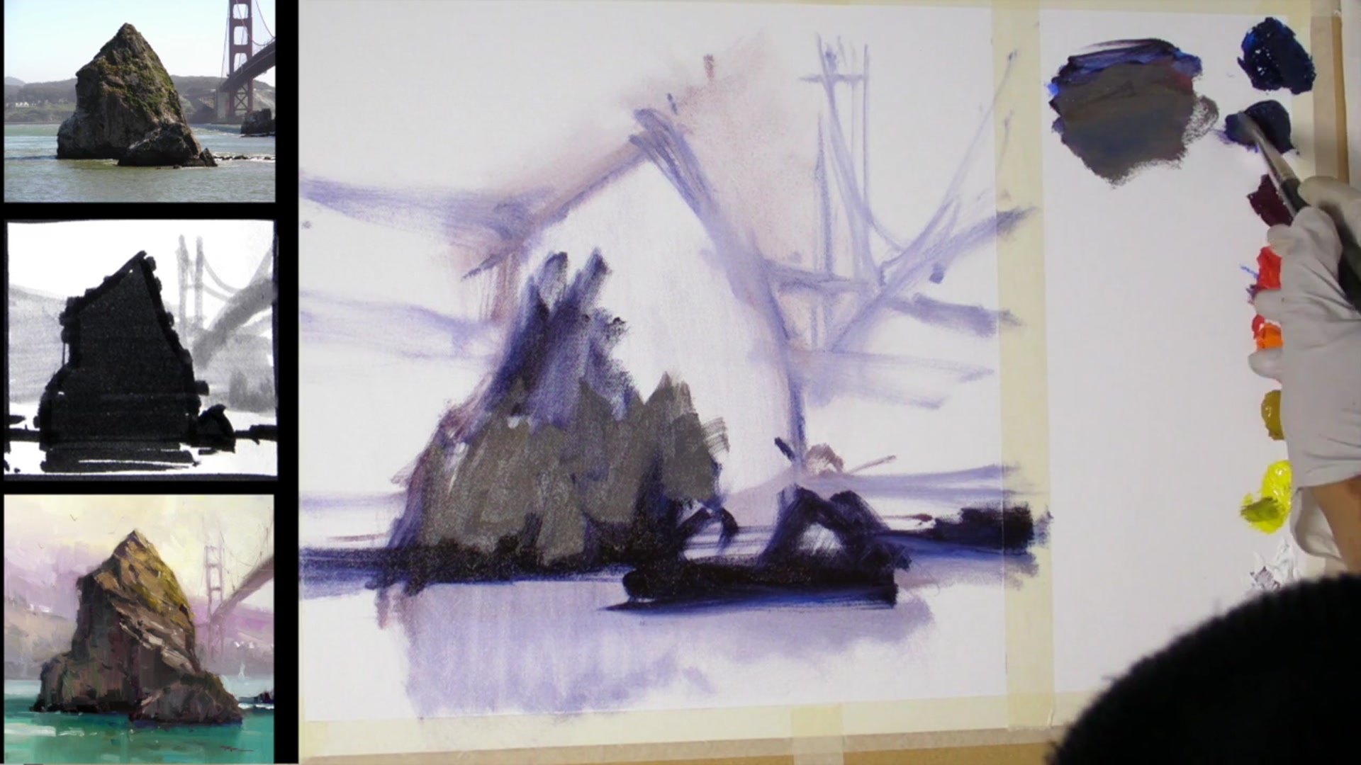 Step 3 — Adding variation in shadow greys (video frame from the lesson)