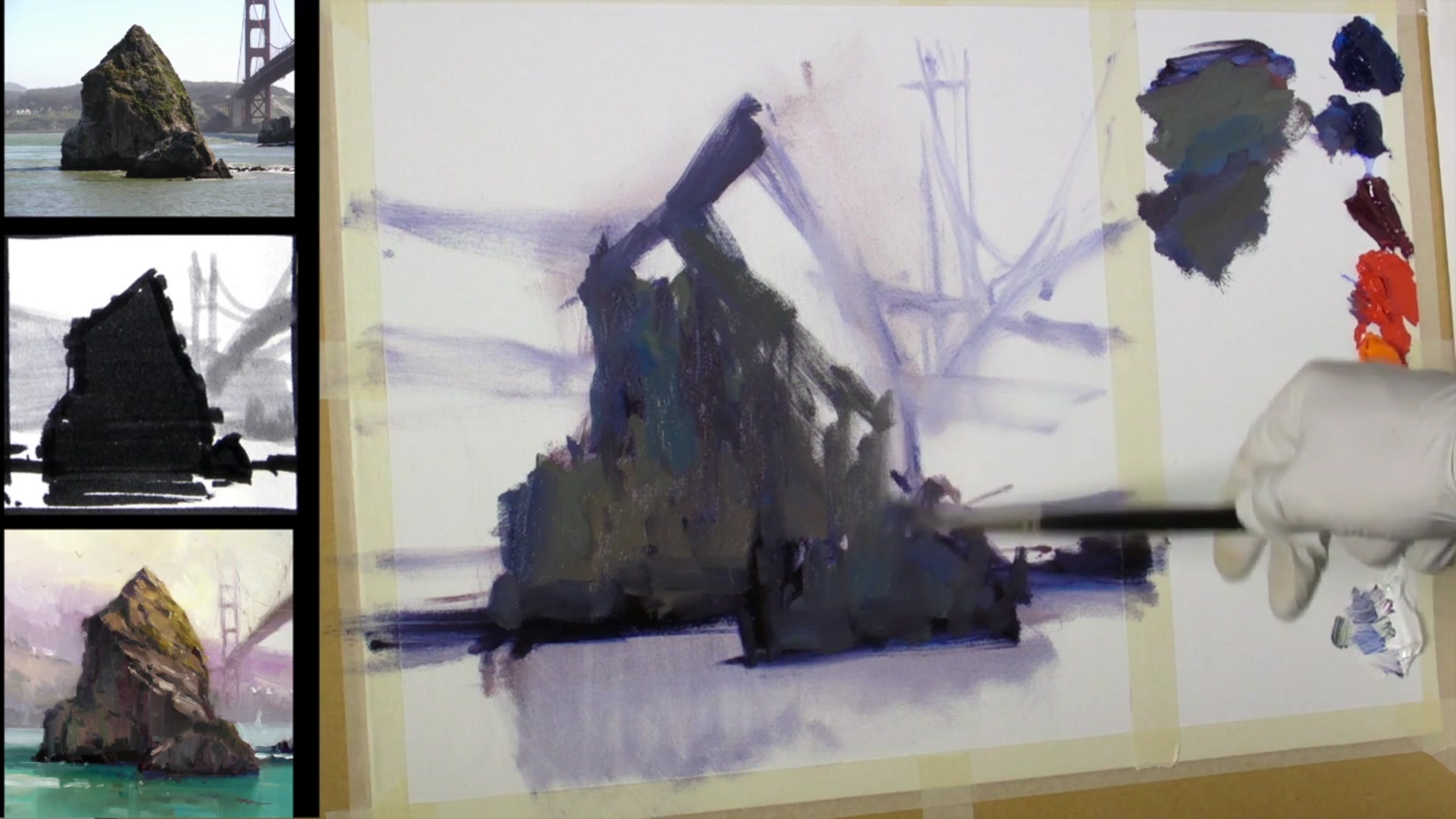 Step 5 — Painting the light side of the rock (video frame from the lesson)