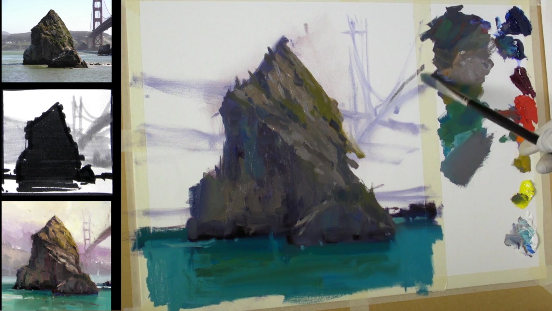 Step 9 — Painting the bridge and background hills (video frame from the lesson)