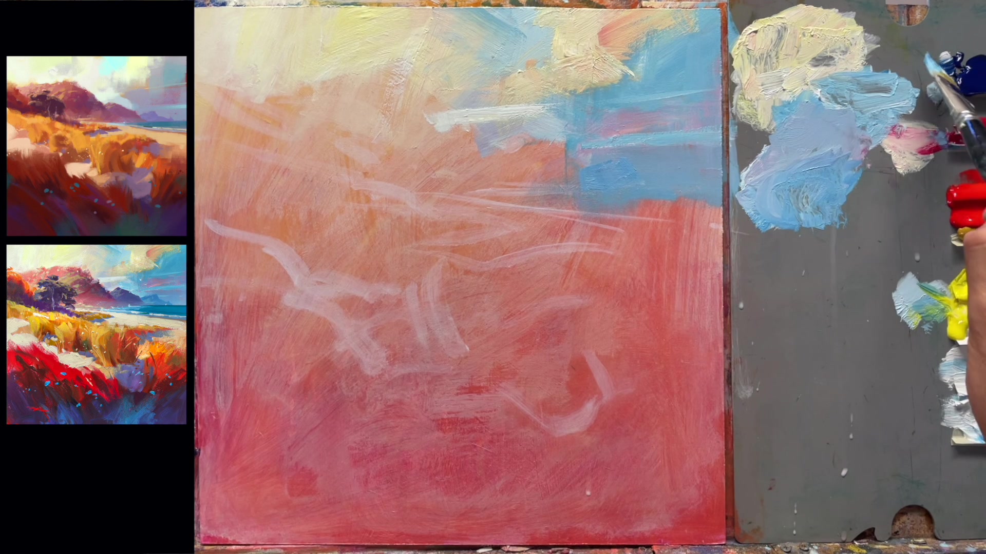 Step 6 — Painting the Distant Hills (video frame from the lesson)
