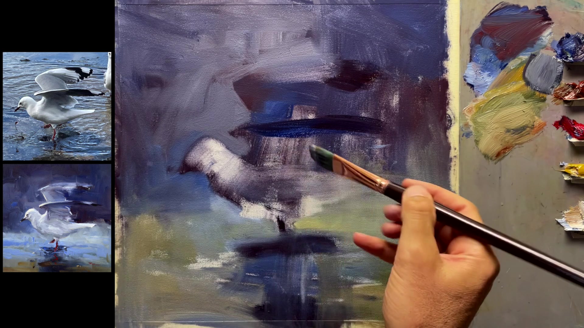 Step 10 — Painting the Seagull's Body (video frame from the lesson)