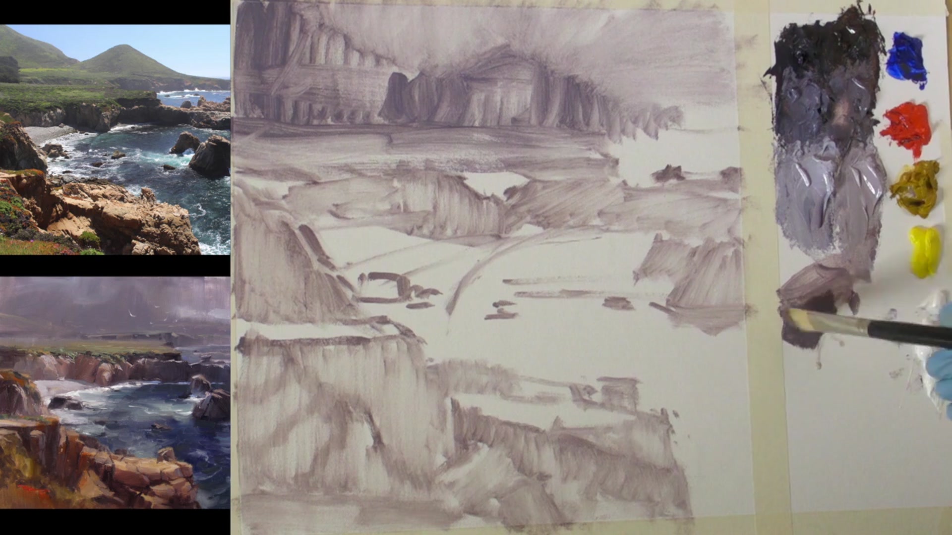 Step 4 — Blocking in the cliff and rocks (video frame from the lesson)