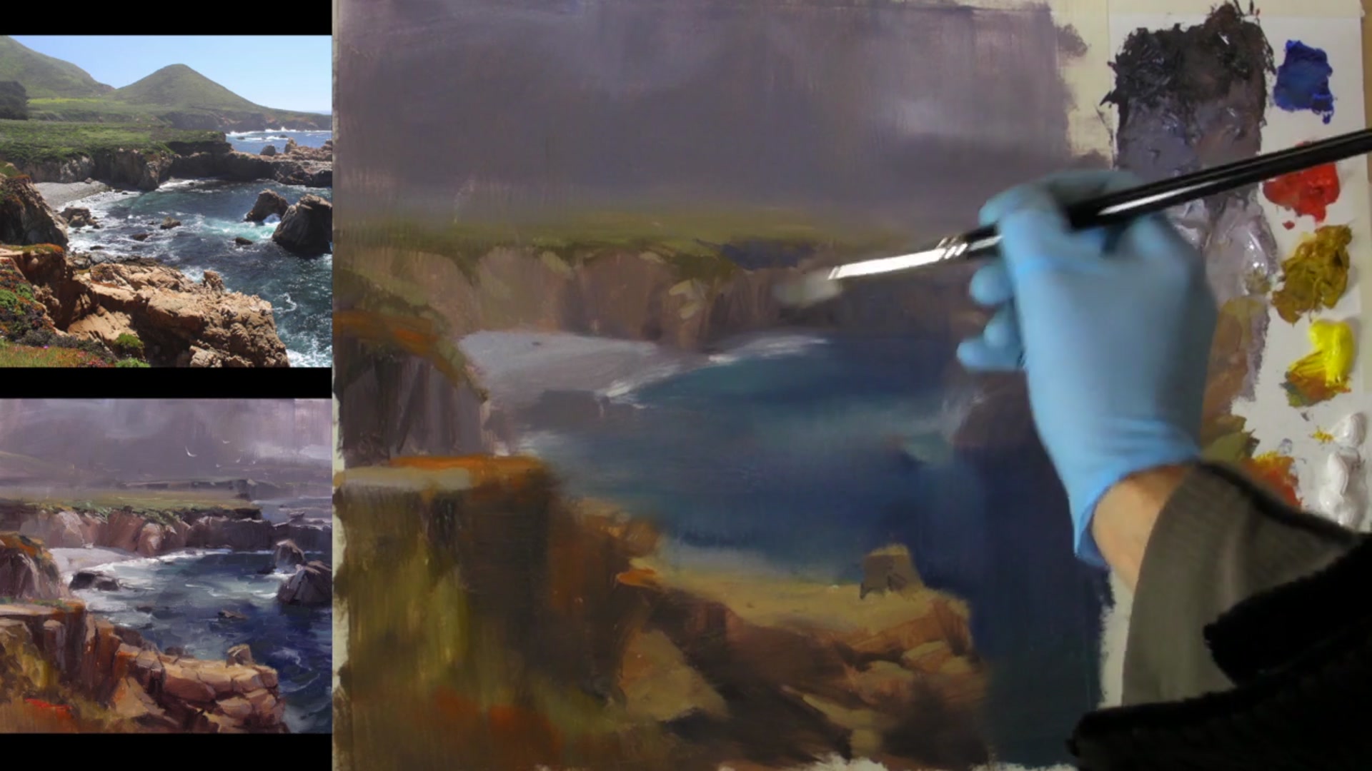 Step 11 — Using grays for foam and background (video frame from the lesson)