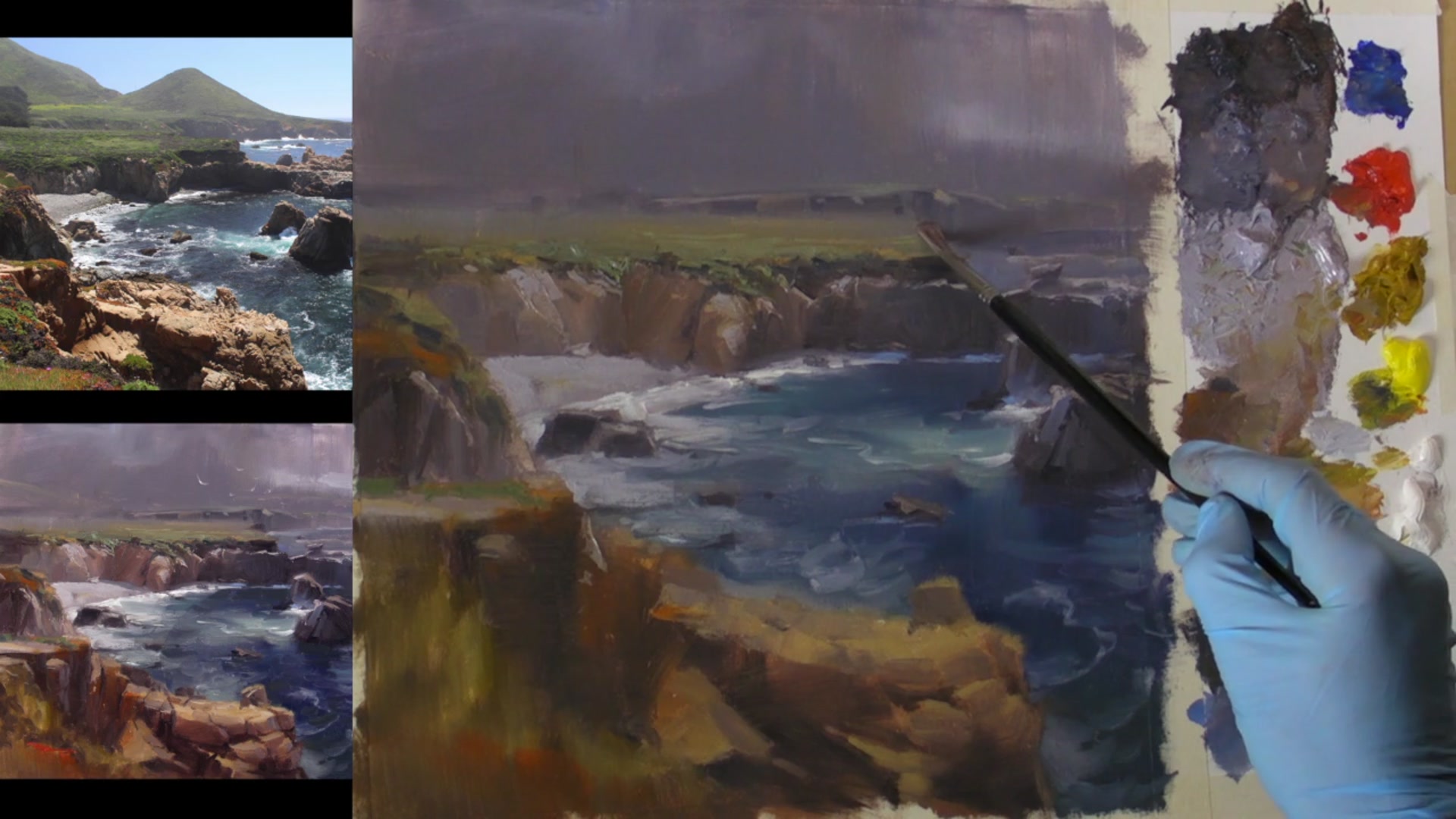 Step 12 — Painting rock details (video frame from the lesson)