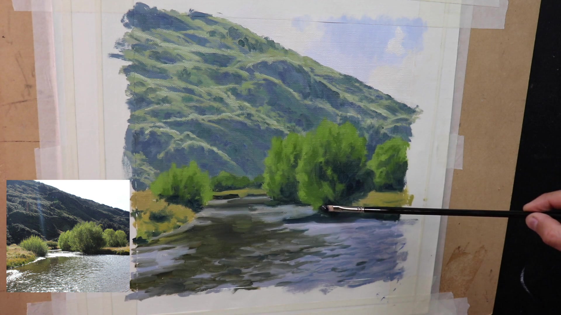 Step 22 — Occlusion Shadows and Riverbank (video frame from the lesson)