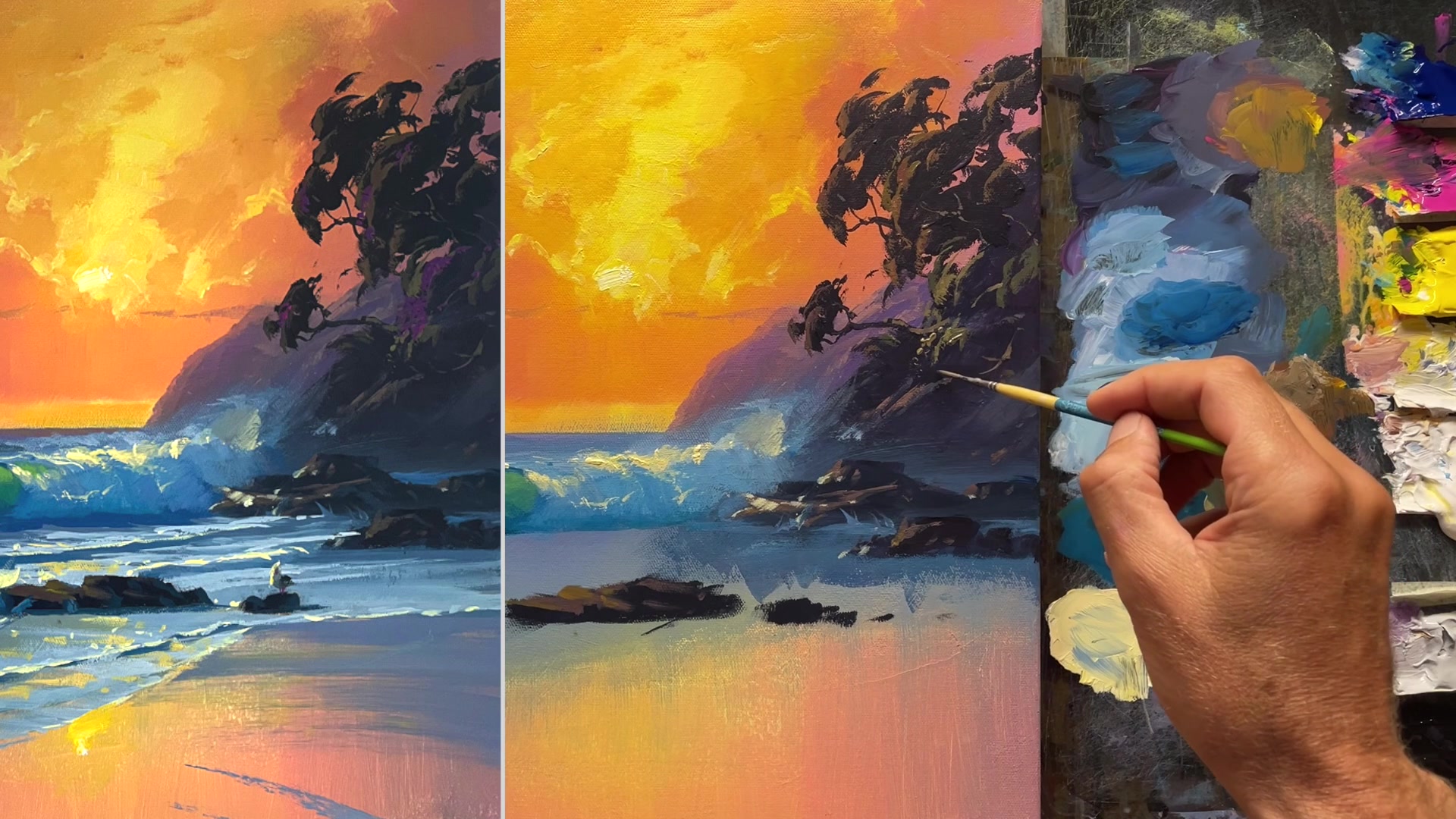 Step 20 — Painting Foreground Waves (video frame from the lesson)