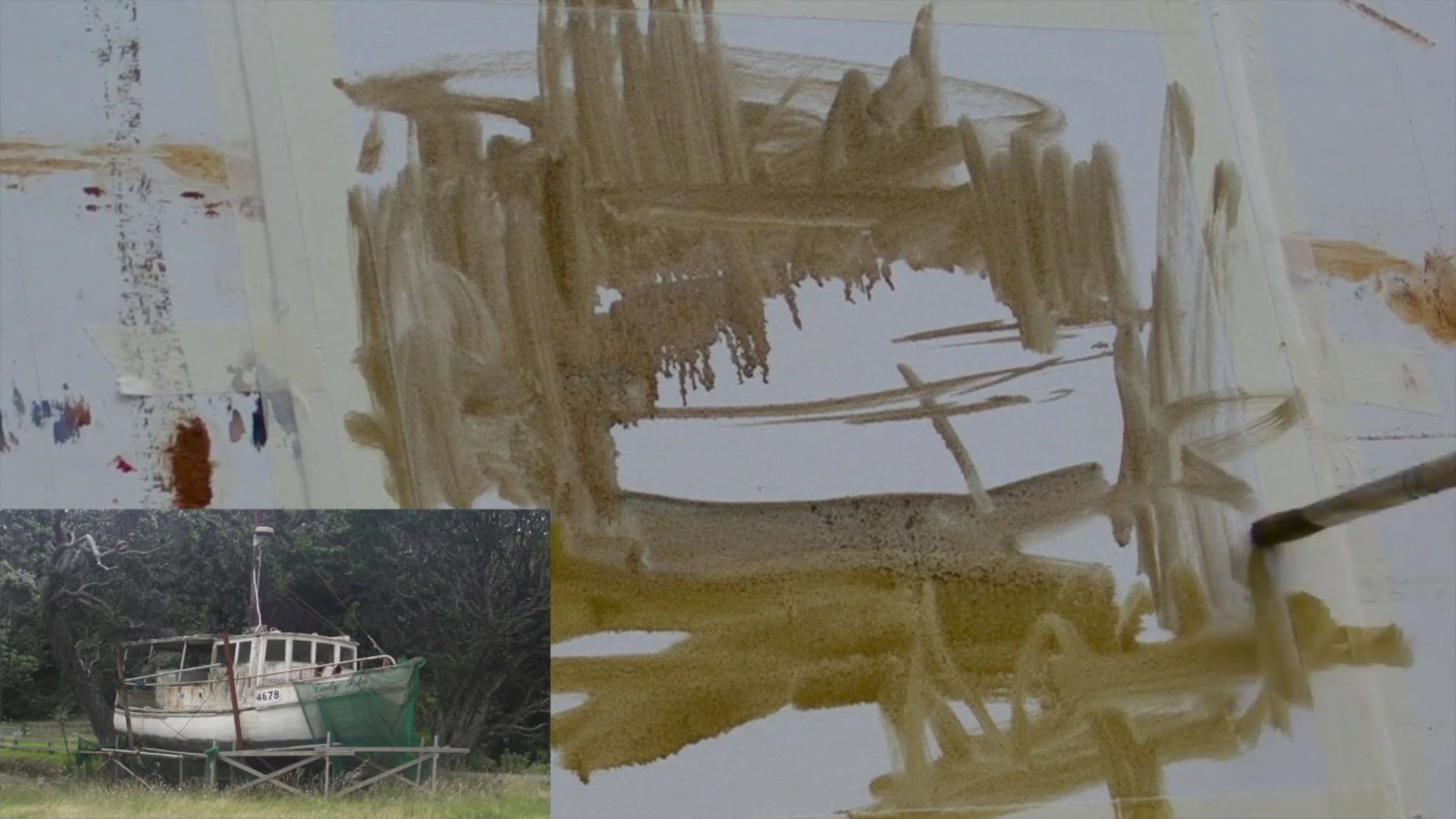Step 2 — Initial wash and dribbly paint technique (video frame from the lesson)