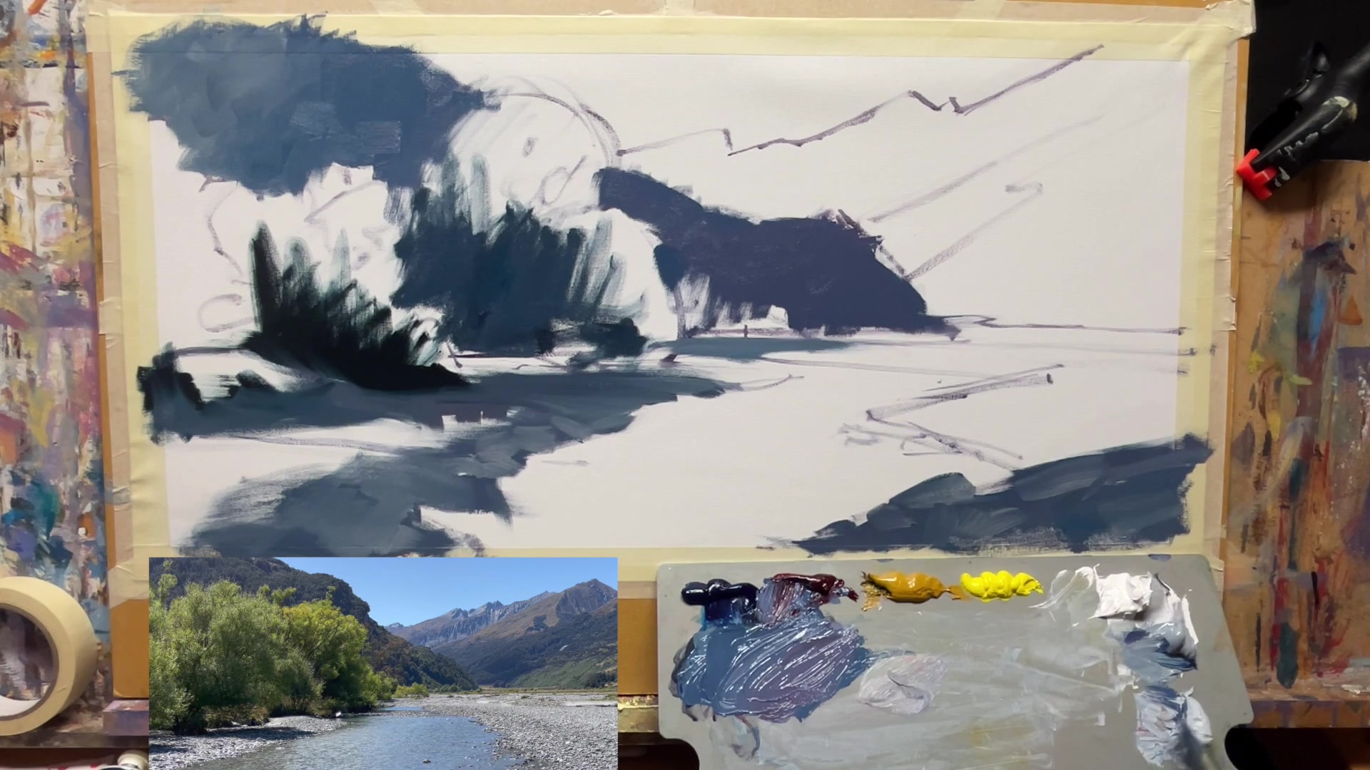 Step 13 — Painting Distant Hills (video frame from the lesson)