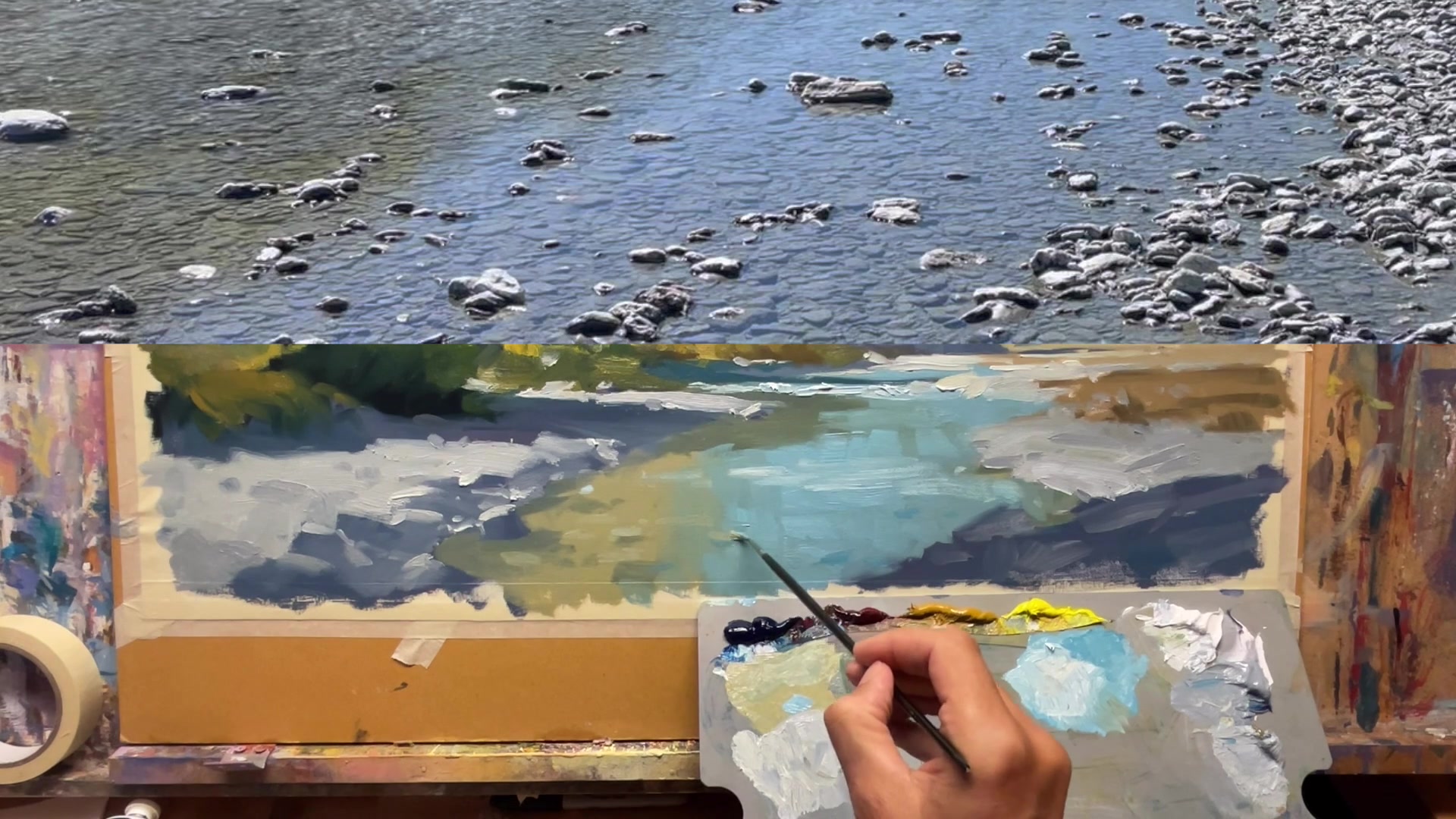 Step 28 — Painting the Sky and Clouds (video frame from the lesson)