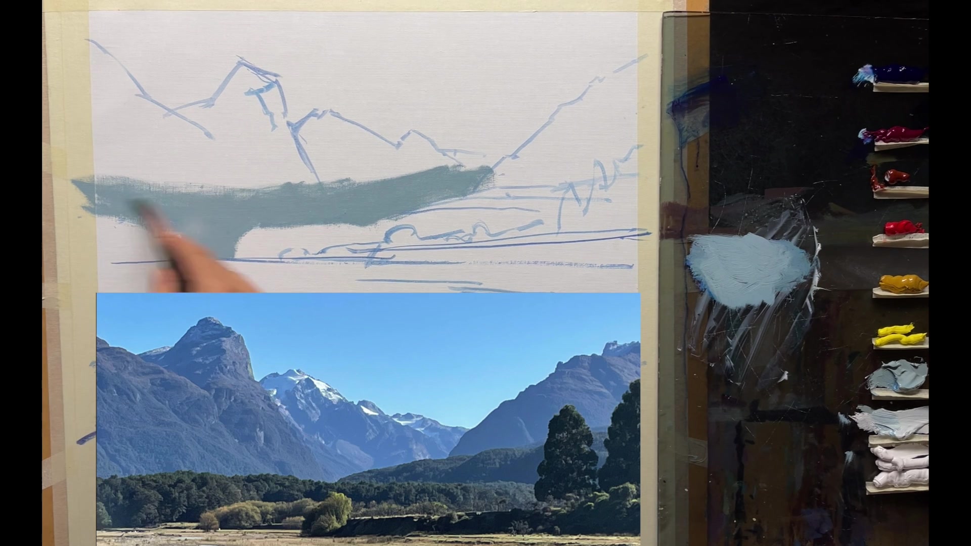 Step 7 — Distant Mountains Base Layer (video frame from the lesson)