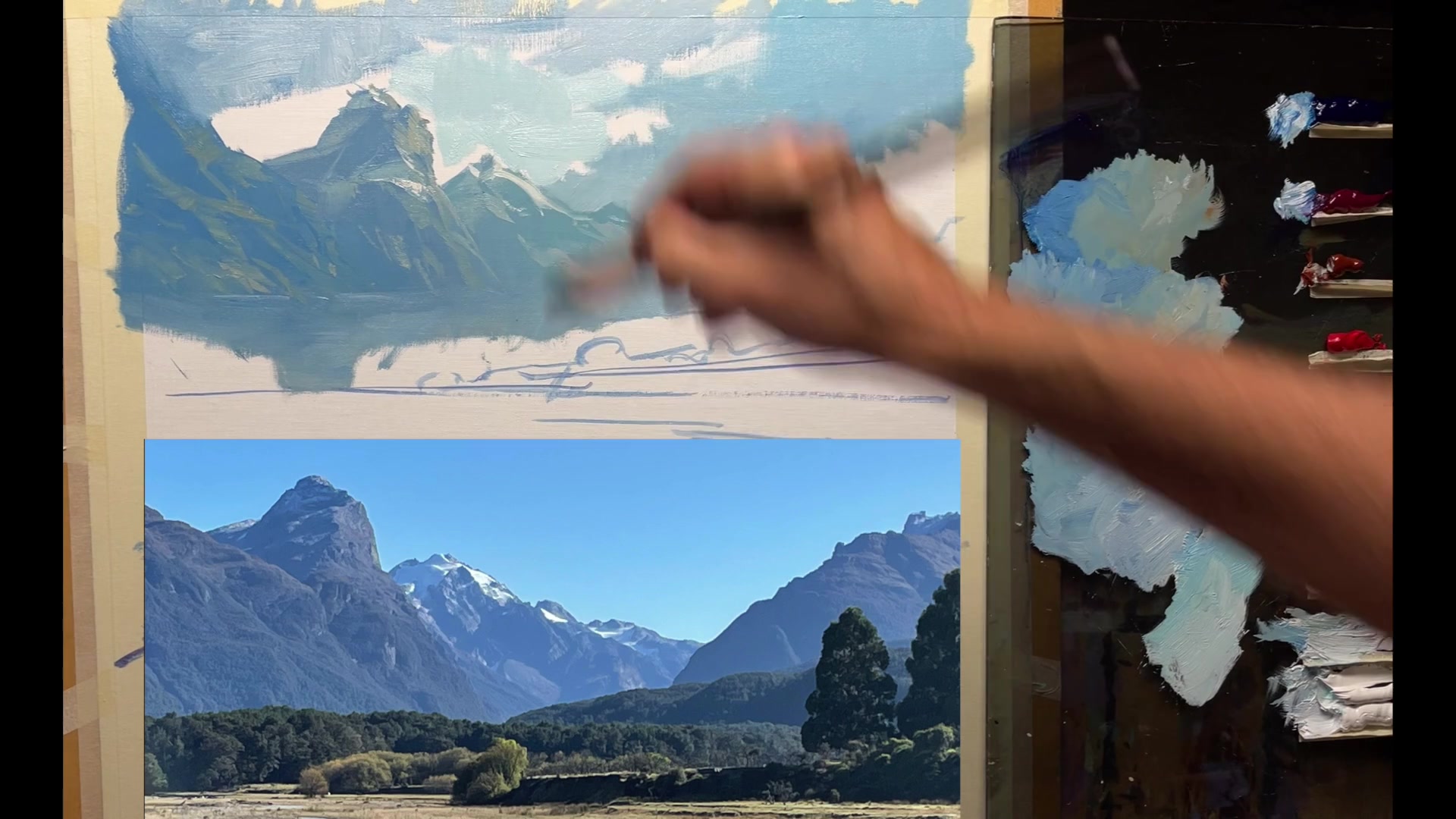 Step 14 — Sky and Mountain Edge Techniques (video frame from the lesson)
