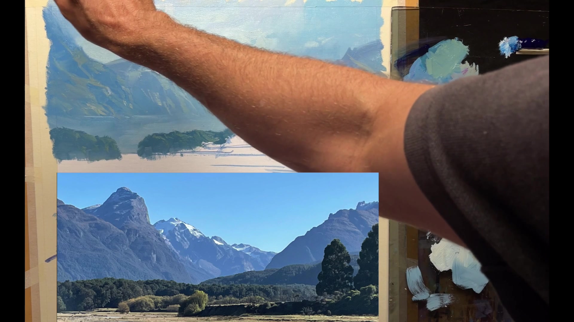 Step 20 — Painting Water Reflections (video frame from the lesson)