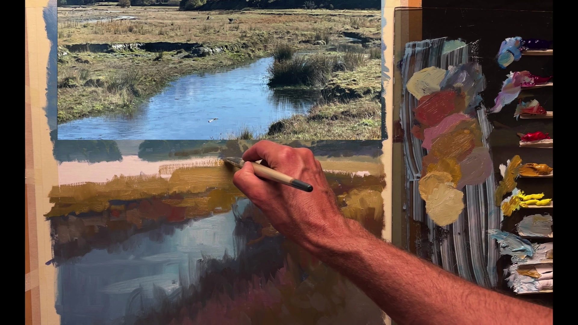 Step 28 — Foreground Blocking and Details (video frame from the lesson)