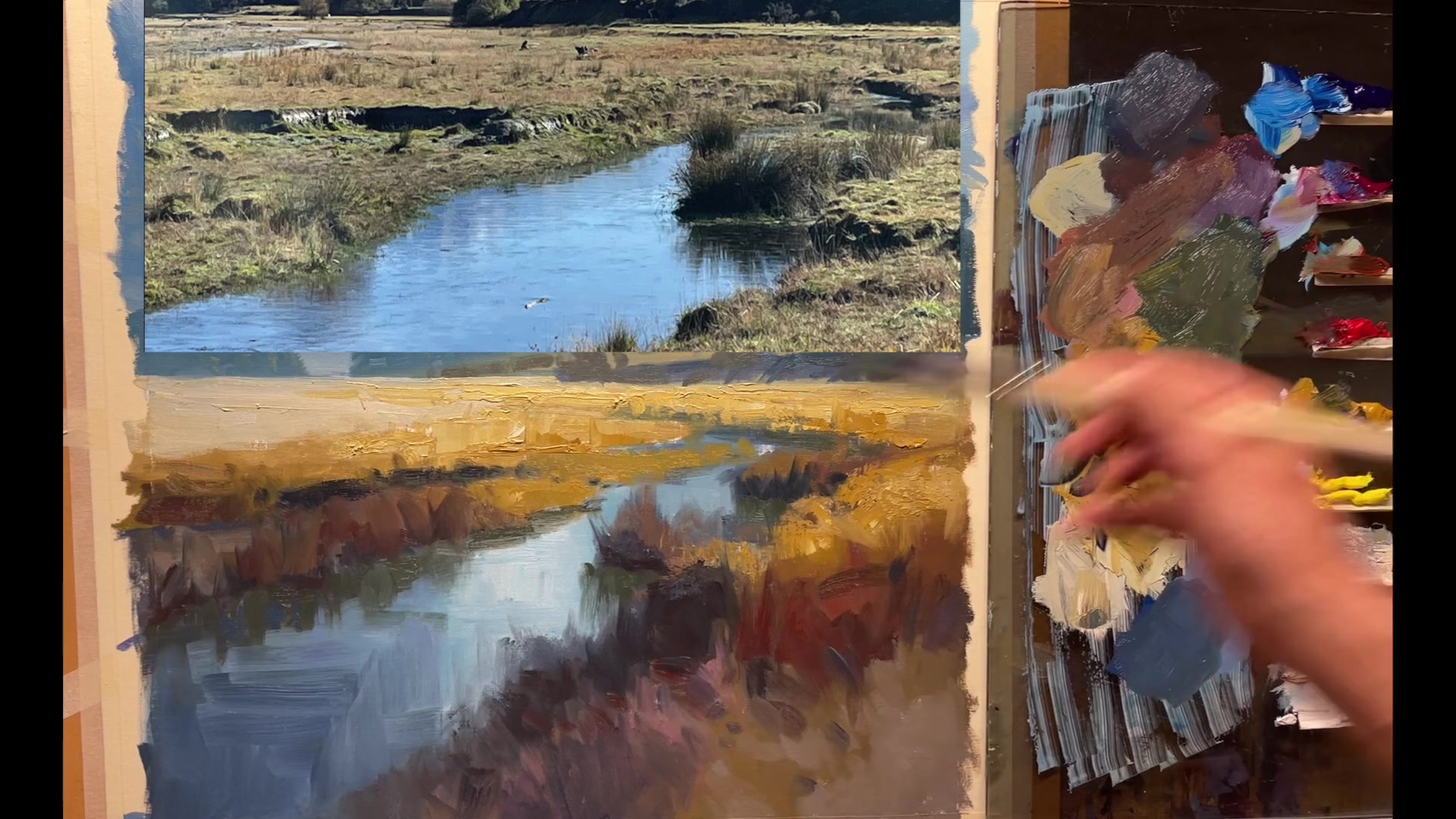 Step 34 — Water Surface Highlights (video frame from the lesson)
