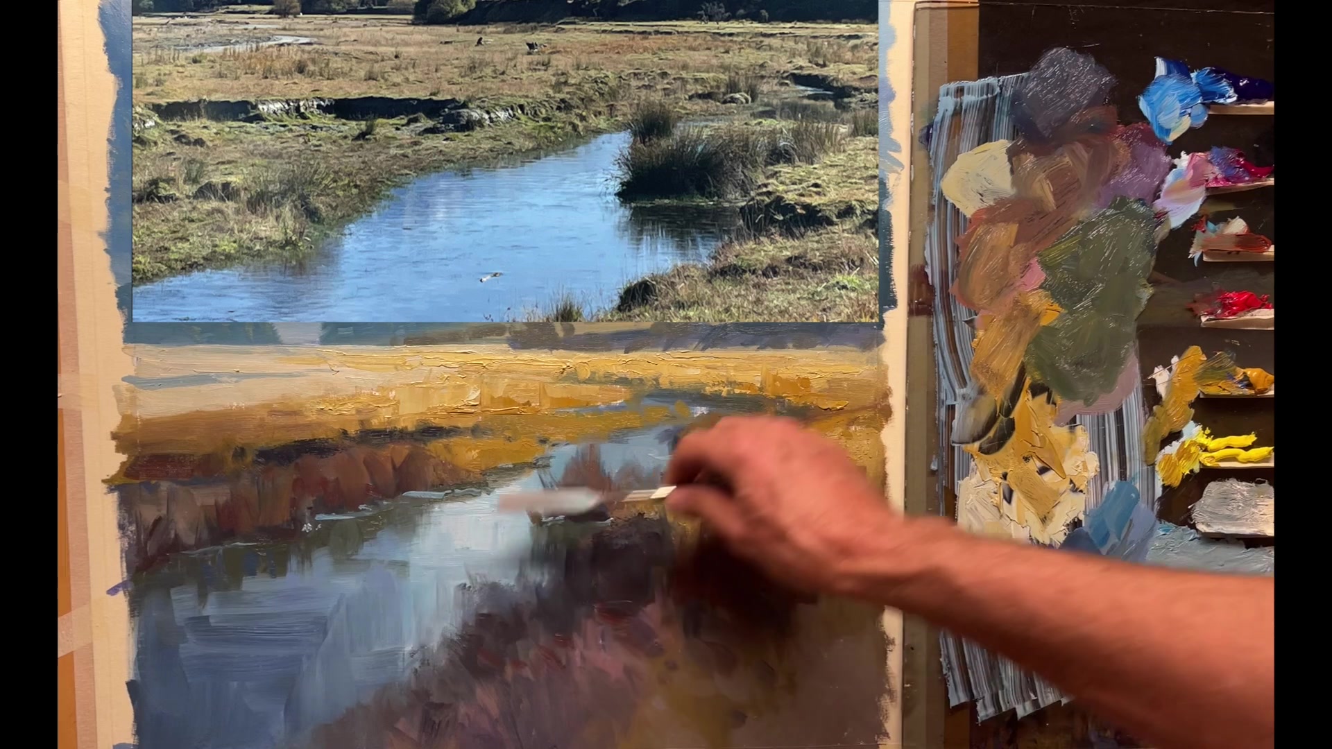 Step 36 — Palette Knife Water Highlights (video frame from the lesson)