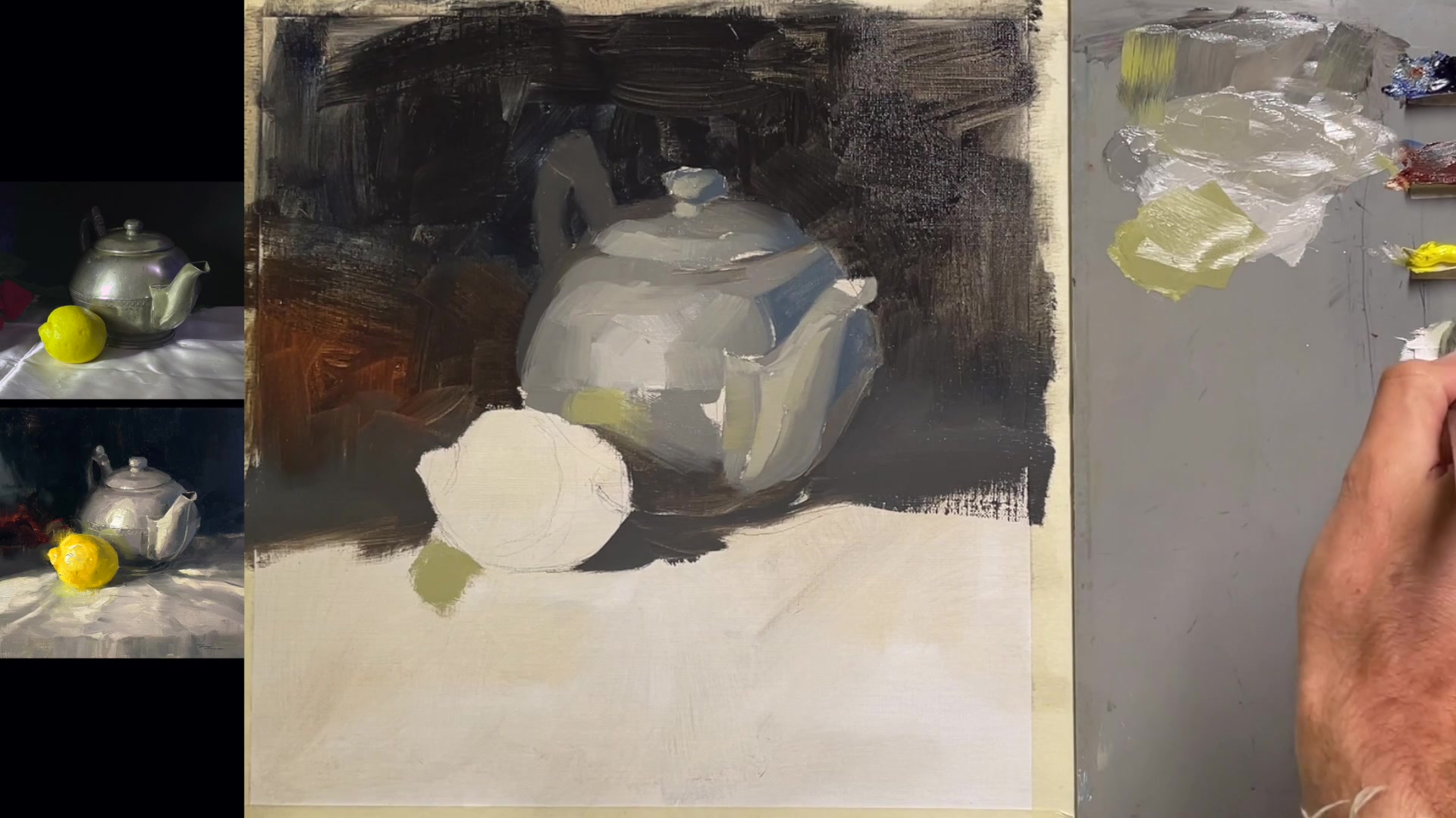 Step 26 — Painting fabric and highlights (video frame from the lesson)