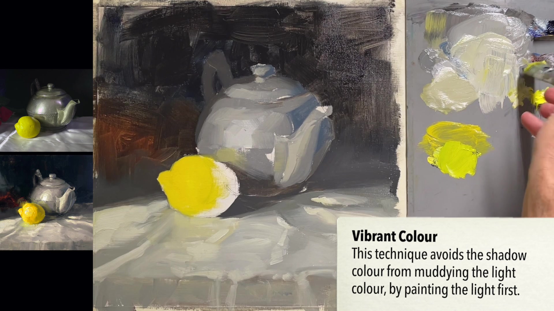 Step 29 — Shadow and light on the lemon (video frame from the lesson)