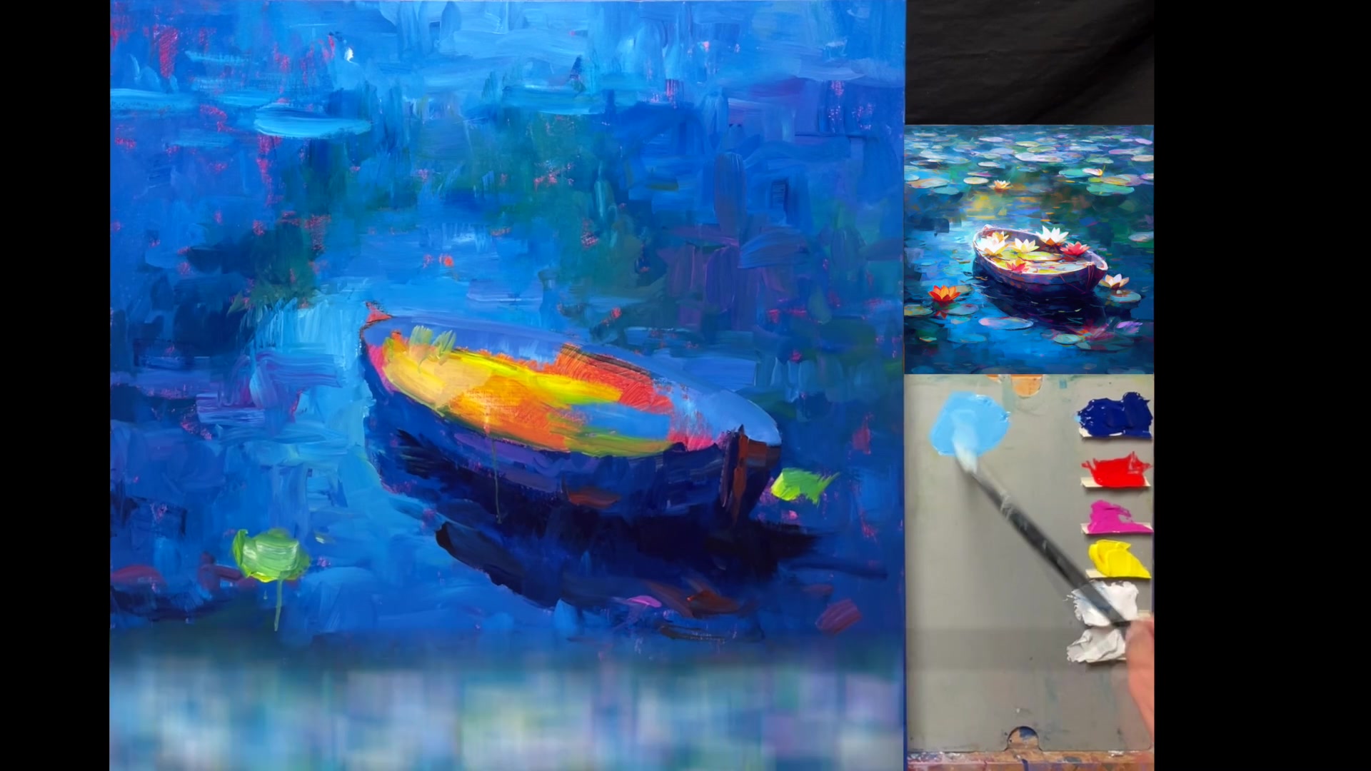 Step 16 — Painting Water Lilies (video frame from the lesson)