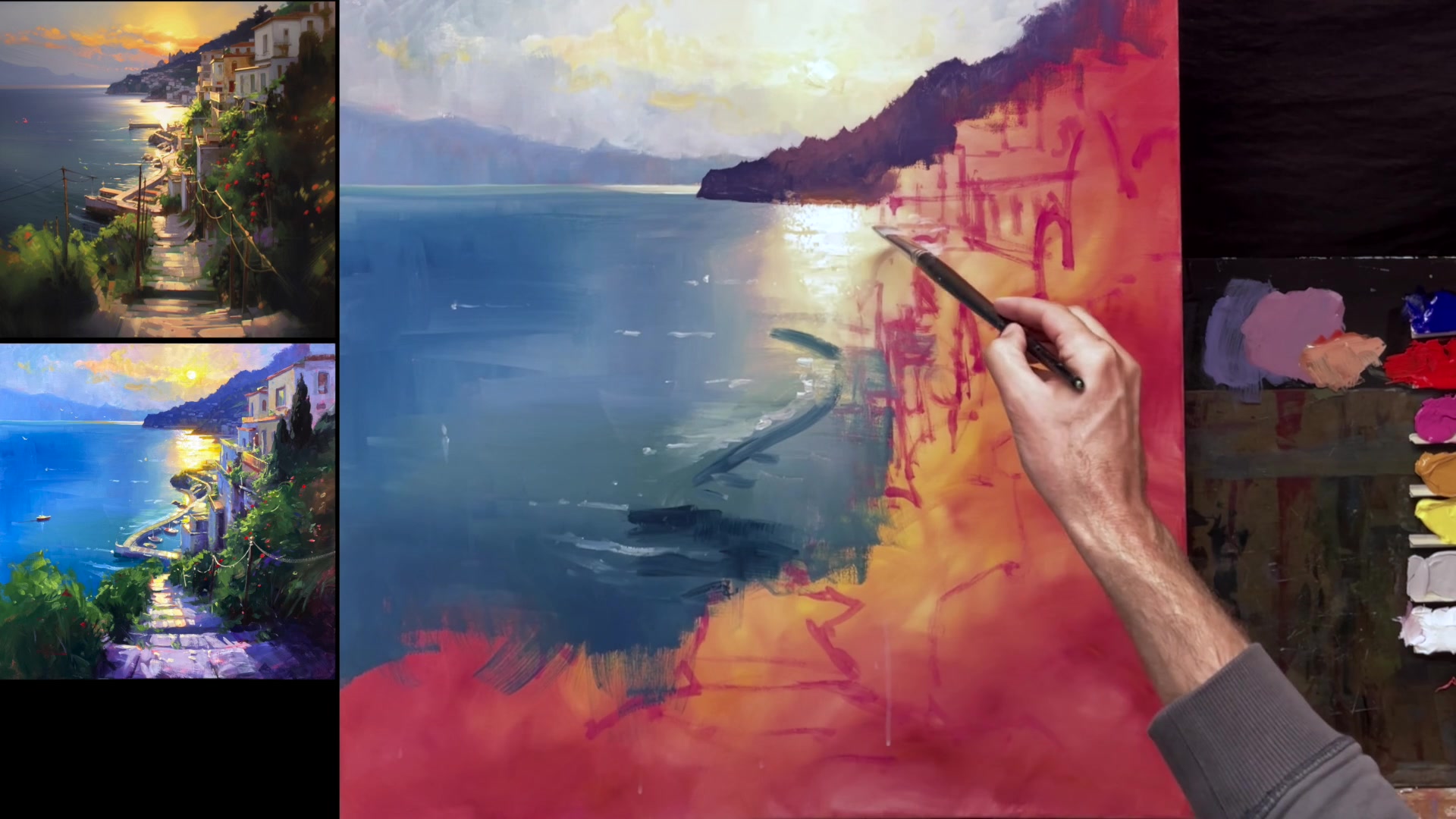 Step 7 — Painting the Background Buildings (video frame from the lesson)