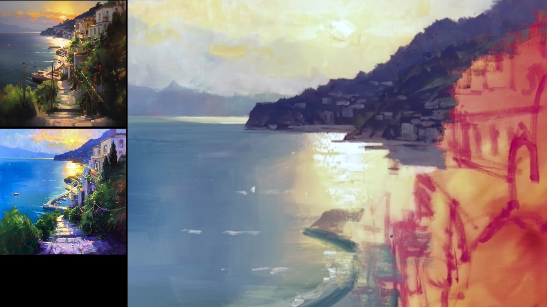 Step 8 — Painting the Foreground Buildings (video frame from the lesson)