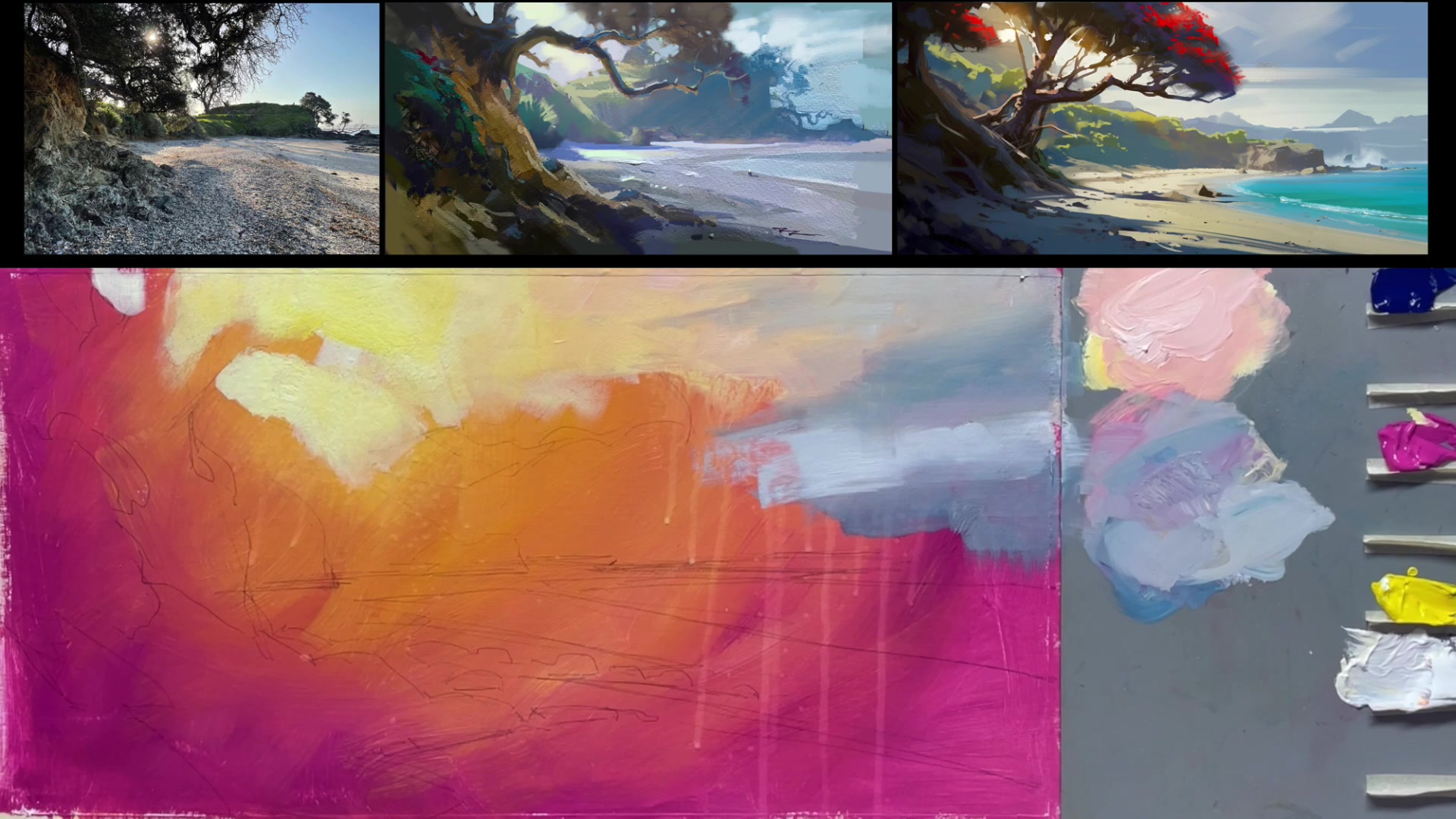 Step 9 — Painting the Headland and Hill (video frame from the lesson)
