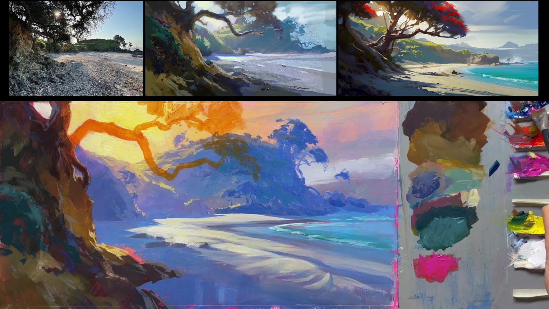 Step 13 — Painting the Rocks and Shadows (video frame from the lesson)
