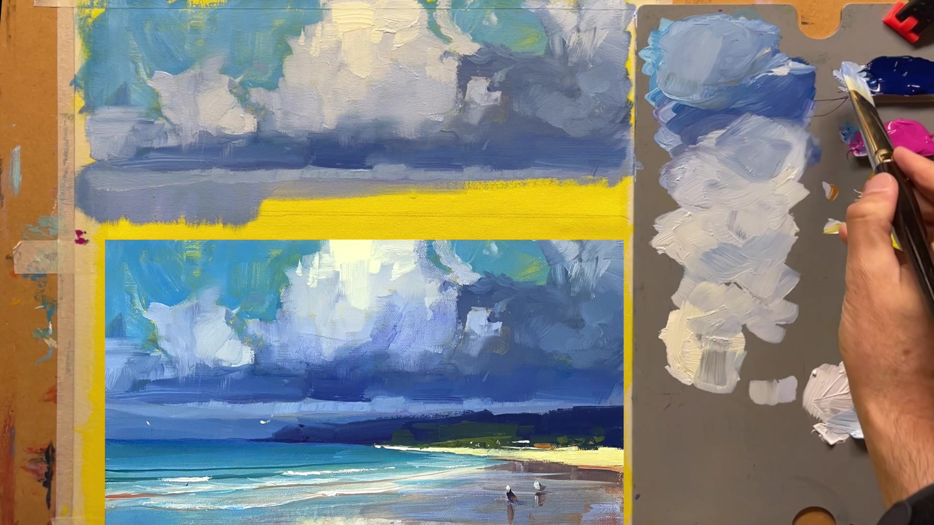 Step 8 — Painting the Distant Hills (video frame from the lesson)