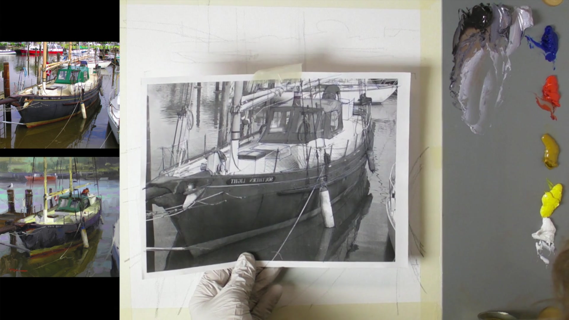 Step 5 — Blocking in Dark Shapes (video frame from the lesson)