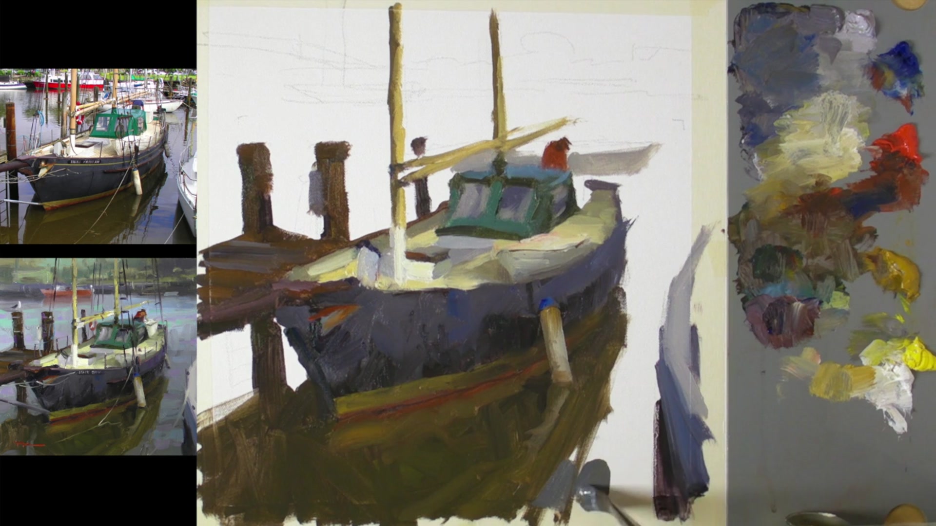 Step 10 — Painting Water and Background (video frame from the lesson)