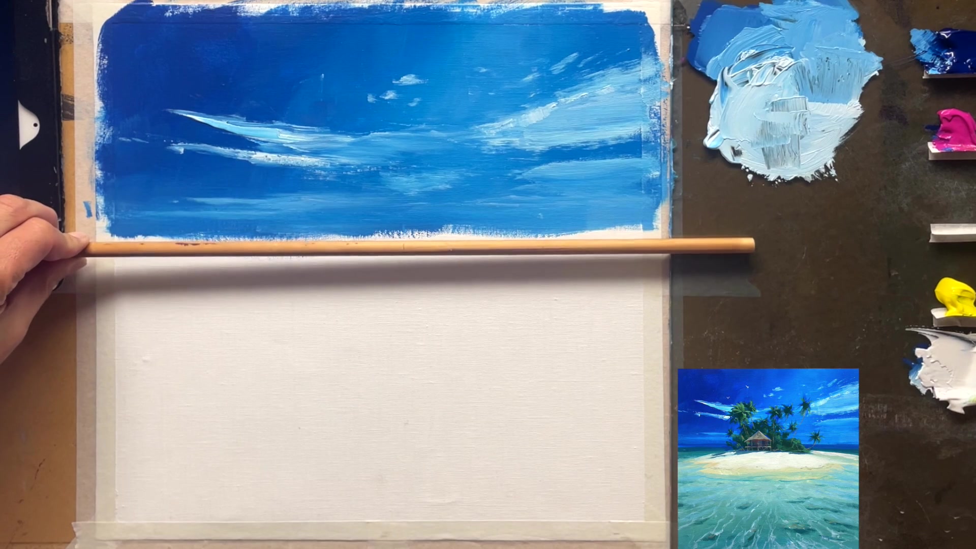 Step 4 — Painting the ocean (video frame from the lesson)