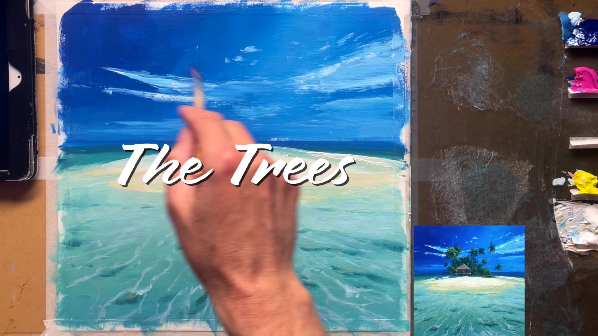 Step 8 — Sketching palm trees and hut (video frame from the lesson)